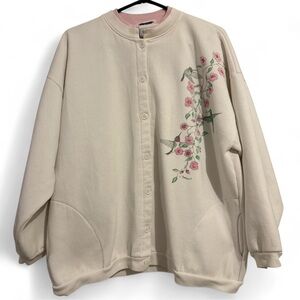 Artisans SunSchien XXL Hummingbird Floral Button Front Sweatshirt Cream USA